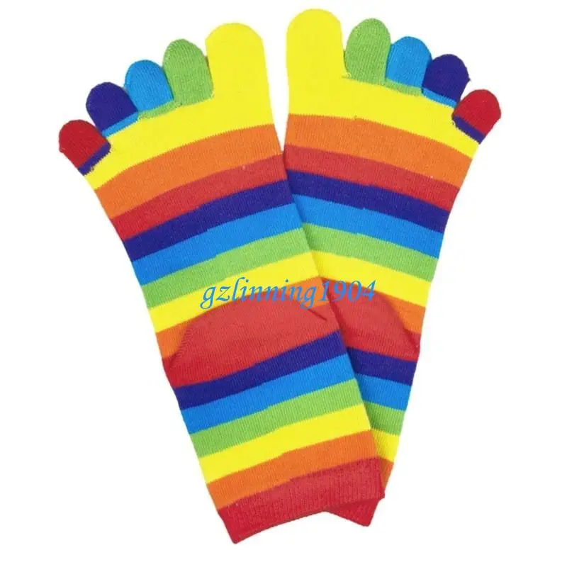 

L5YD Women Cotton Anklet Socks Rainbow Striped Five Finger Separated Split Toe Socks