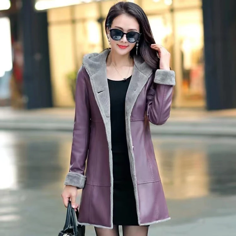 Autumn Winter Fur Leather Coat Women 2023 Slim Warm Soft PU Fur Leather Jacket Hooded High Quality Long Coats