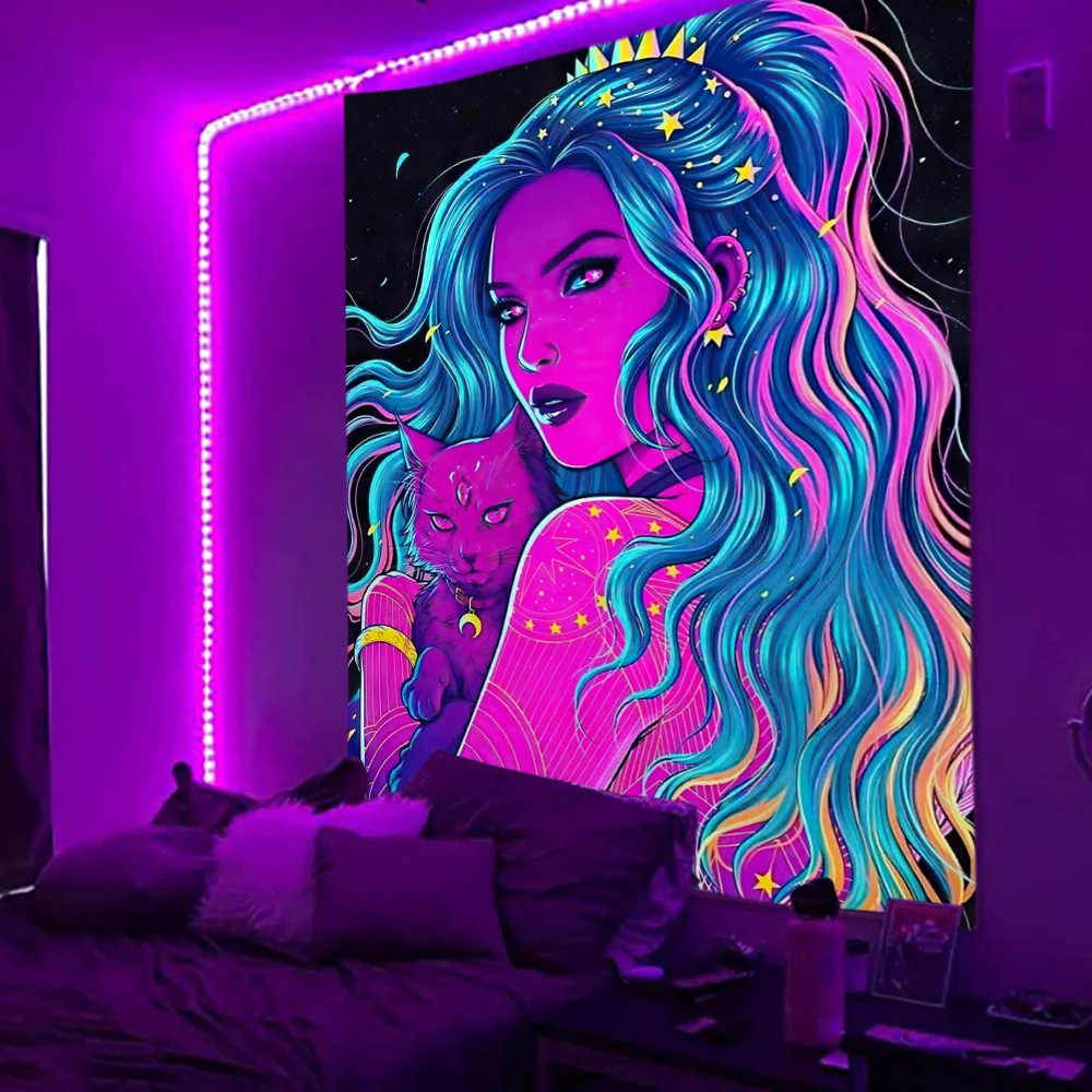 UV Reactive Fluorescent Women Cat Art Tapestry Hippie Black light Rock Smoke Girl Tapestry Wall Hanging Covering Rome Decor