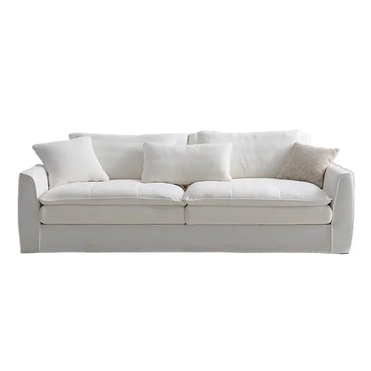 

Straight row fabric sofa three-person wabi-sabi cream wind cotton and linen Japanese removable and washable white