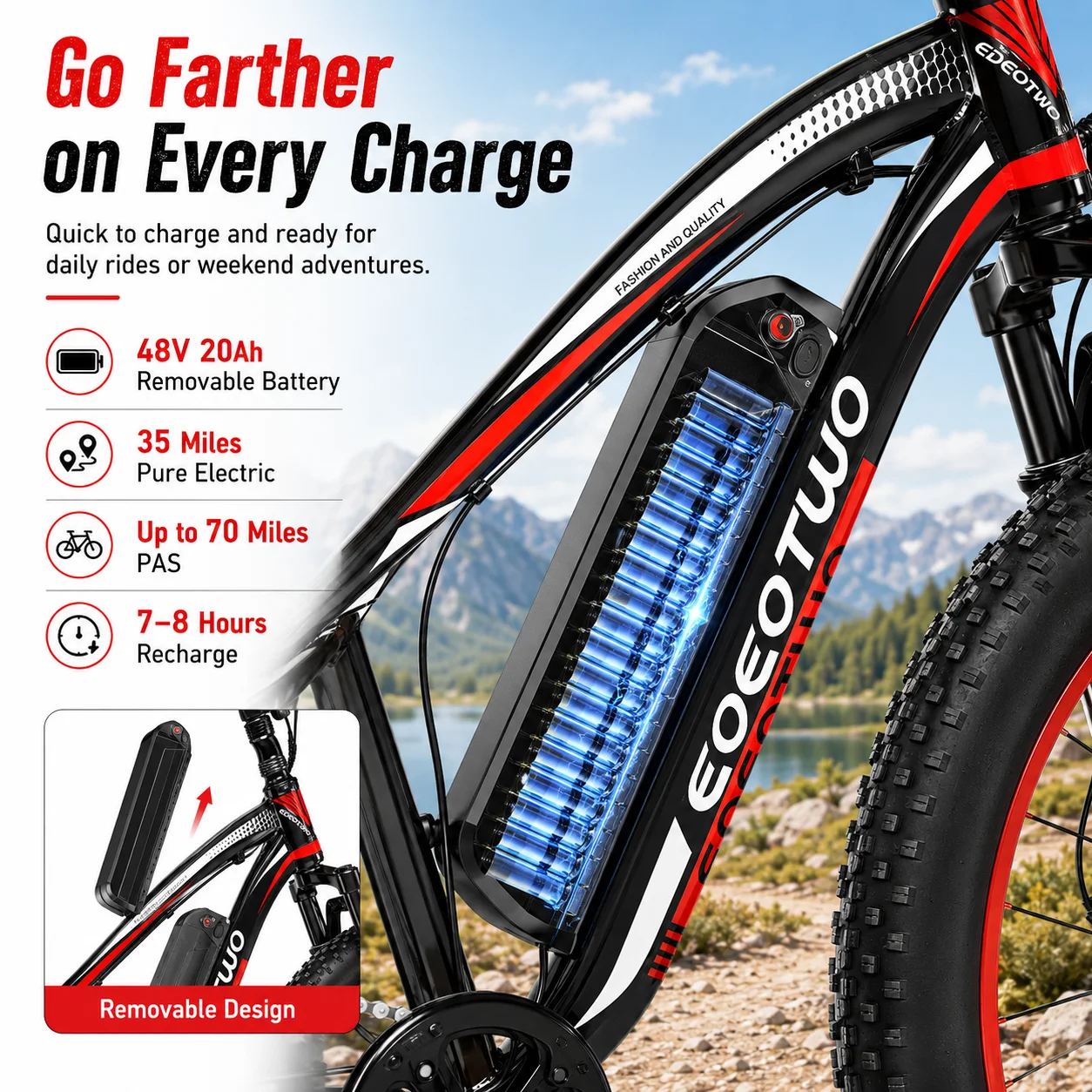 Electric Bike for Adults, 26"×4 Fat Tire Ebike with 1500W Peak Motor, 34MPH 70Miles Electric Mountain Bike with 48V 20AH Removable Battery, 7-Speed, Front Suspension, LCD Display, UL 2849 Certified image 4