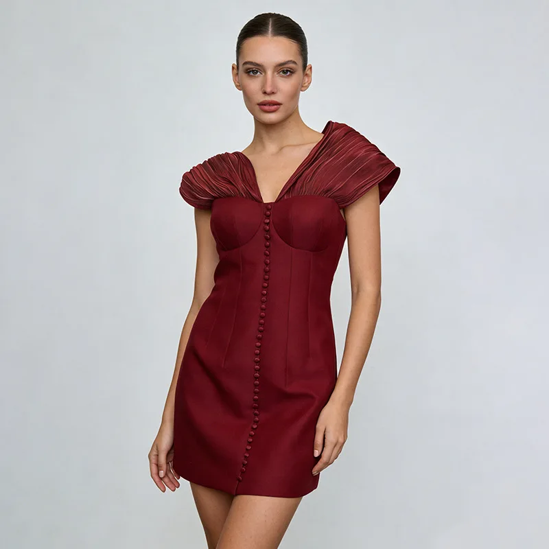 

Женское роскошное черное плиссированное мини-платье с короткими рукавами и V-образным вырезом, облегающее коктейльное платье с пуговицами спереди