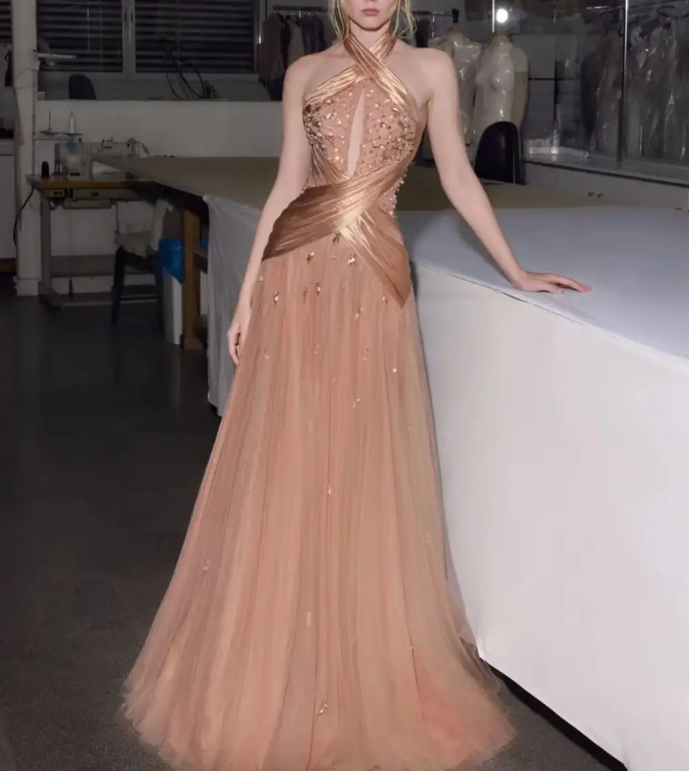 Customized Fashion Women Tulle Rhinestone Ruched A-Line Evening Dresses for Woman’s Gowns Sleeveless Floor Length Prom Dresses