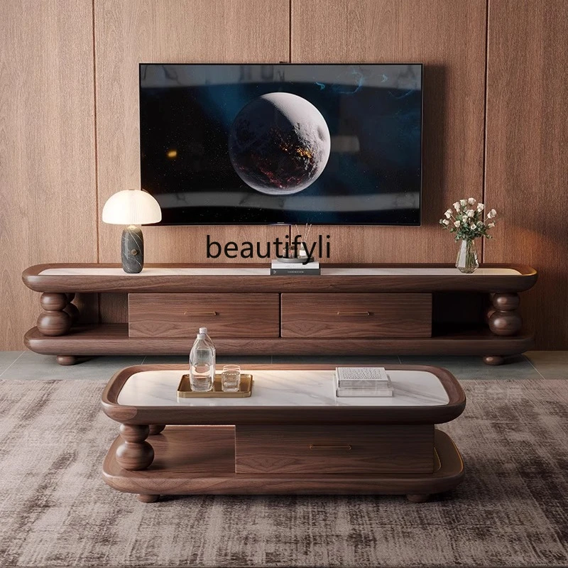 

Solid wood coffee table TV cabinet combination size apartment living room floor cabinet black walnut color