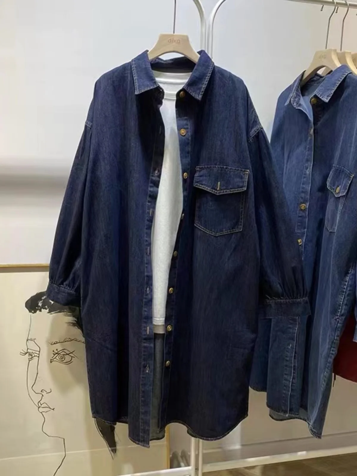 Retro japonês sle longo gola sve denim dr feminino maxi irt casaco tamanho grande botão detalhe solto ajuste