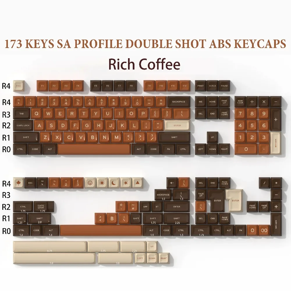 173 Keys Coffee Double Shot ABS Keycaps SA Profile Minimalist Style Keyboard Keycaps for Cherry MX Switches Mechanical Keyboard