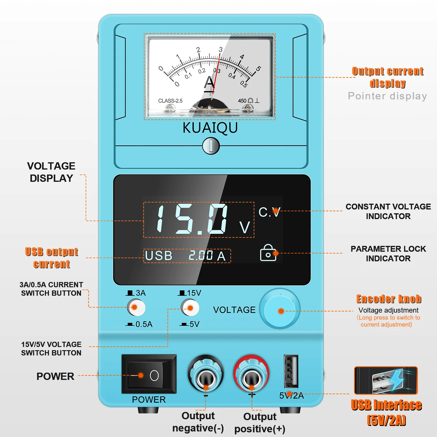 Catu Daya Linier Biru 15V 3A DC Catu Daya Bangku dengan Pengaturan Sakelar Dapat Disesuaikan dengan Penunjuk Tampilan Digital Besar Analog