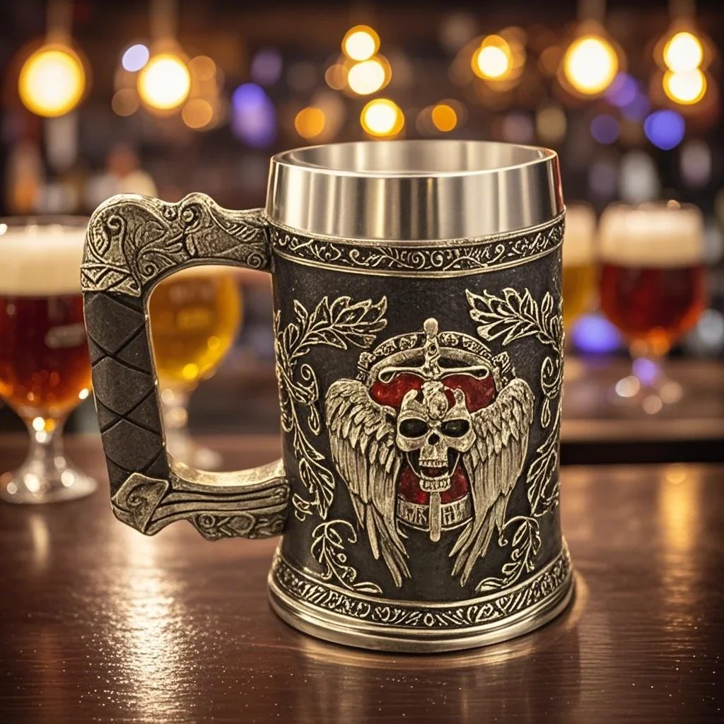 

600ml Retro Death Skeleton Mug Tankard Stainless Steel Resin Medieval Wing Sword Shield Grim Reaper Leather Beer Cup 3D Mugs