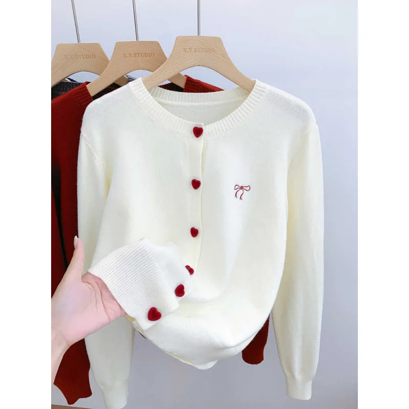 

Embroidered Bow Long-sleeved Knitted Cardigan Jacket Women's 2025 Autumn Winter Inner Wear Bottoming Sweater Short Top Clothing