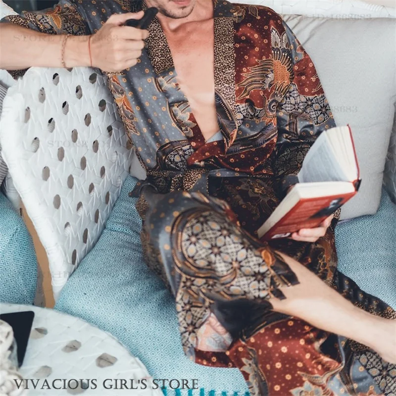 

Plus Size Men's Robe Sleepwear Bohemian Style Print Kimono Bathrobe Gown Loungewear Loose Casual Satin Homewear Nightwear Pajama