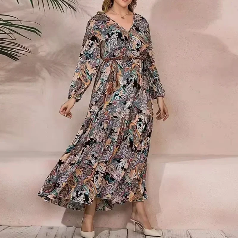 Nowa moda damska Plus Size Retro Paisley Oversized Dress Wiosna i lato Chubby Mm Luźna, przedłużona długa spódnica z długim rękawem