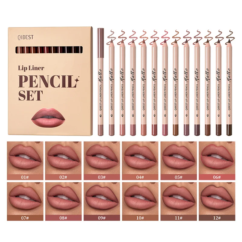 12 Color matte lip liner set, long-lasting lipstick, non-decolorizing hook lip pen, makeup