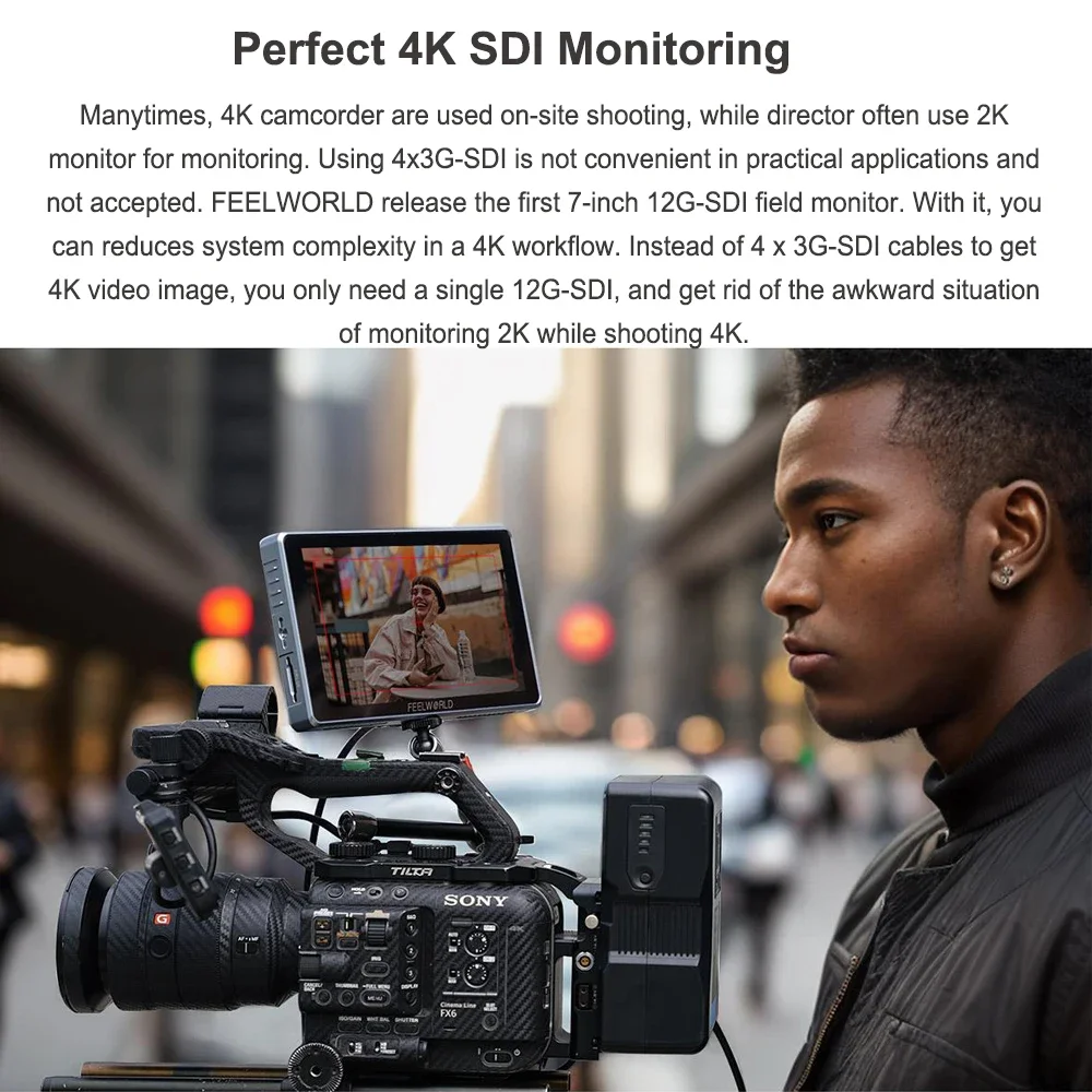 Feelworld-カメラフィールドモニター,7インチ,12g-sdi,hdmi2.0,4k,hdmi,hdr,3d lut,高輝度,1600nitタッチスクリーン