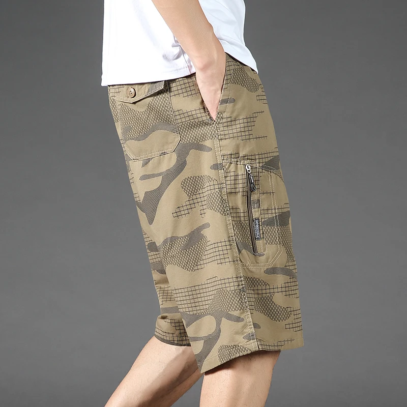 Safari Style Camouflage Printed Knee Pants Summer Commute Stylish Pockets Men\'s Mid Waist Elastic Drawstring Basic Casual Shorts