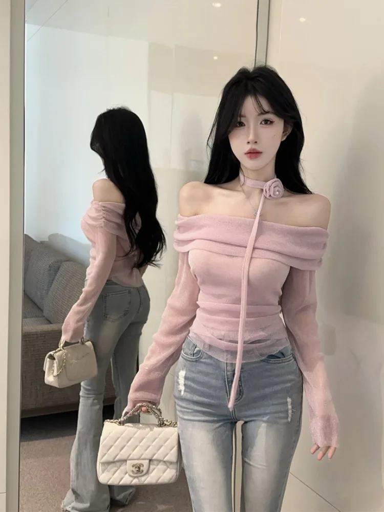 

Pink Shiny Mesh One-Shoulder Chiffon Top Women's Spring Sexy Waist-Cinching Beautifully Decorated Korean Style Long Sleeve Bl...