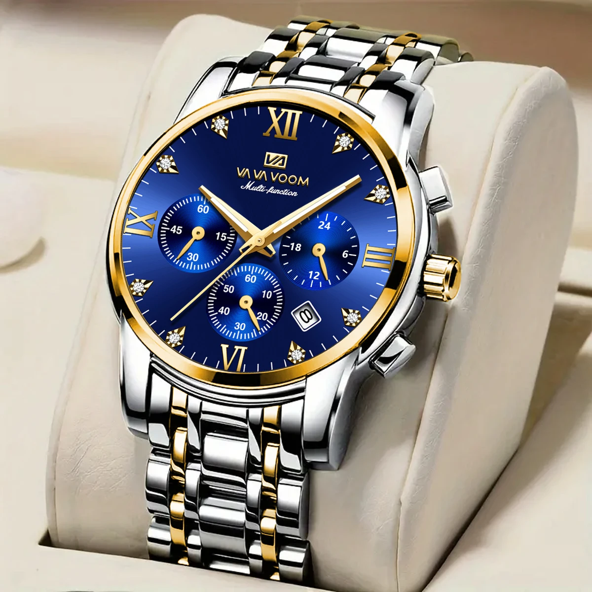 

Мужские наручные часы VA VOOM, многофункциональные золотистые роскошные бриллиантовые повседневные наручные часы с синим циферблатом из нержавеющей стали в деловом стиле