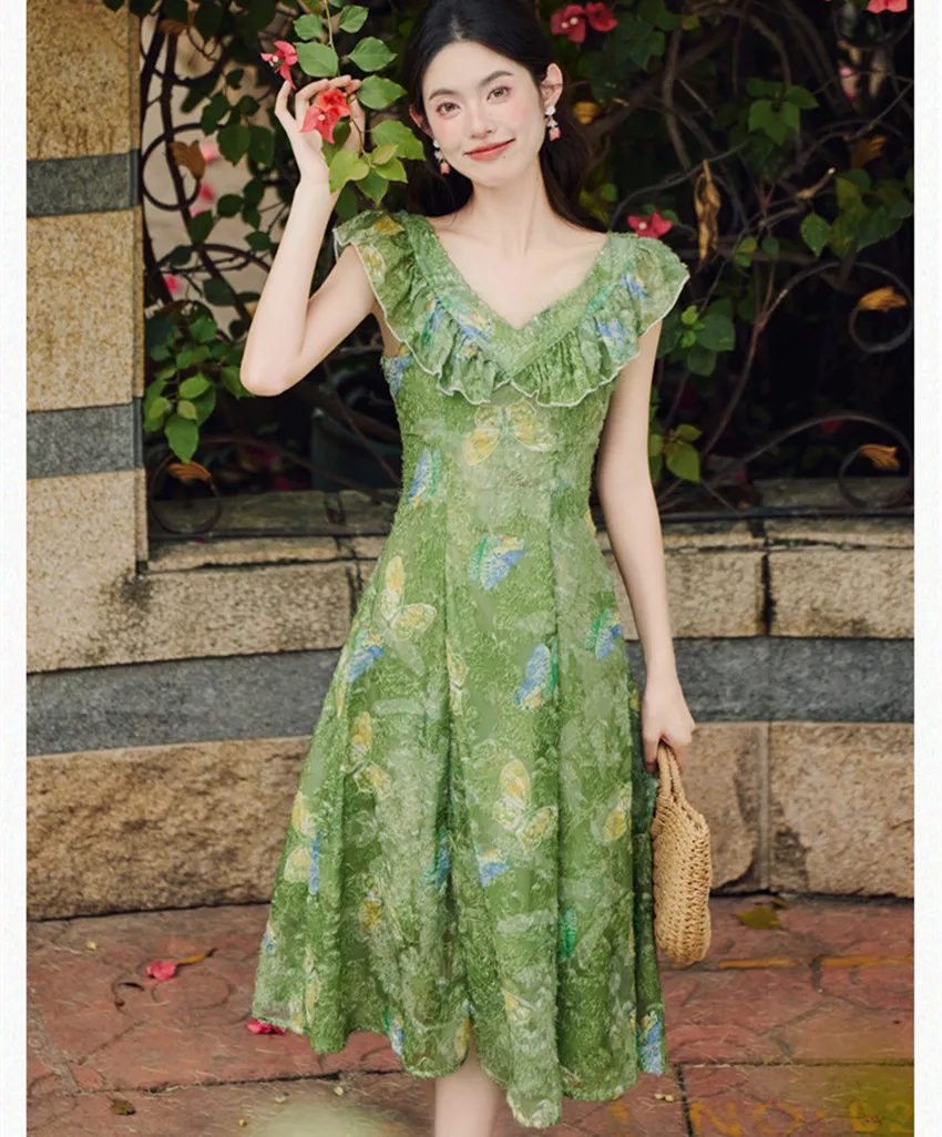 Imagem -03 - Vestido de Férias com Estampa de Borboleta Flor Verde Feminino Decote v Babados Manga Voadora Roupa Tassil Midi Moda Francesa Verão Novo 2024