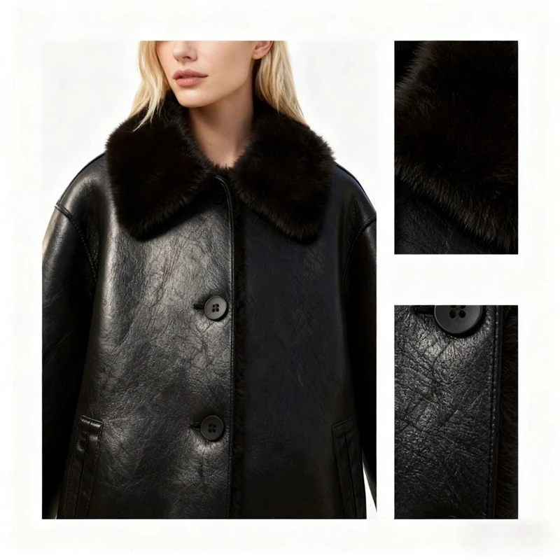 Vintage Style Outerwear for Fall Winter Faux Leather Jacket for Women, Fuzzy Collar Button Down Short Coat