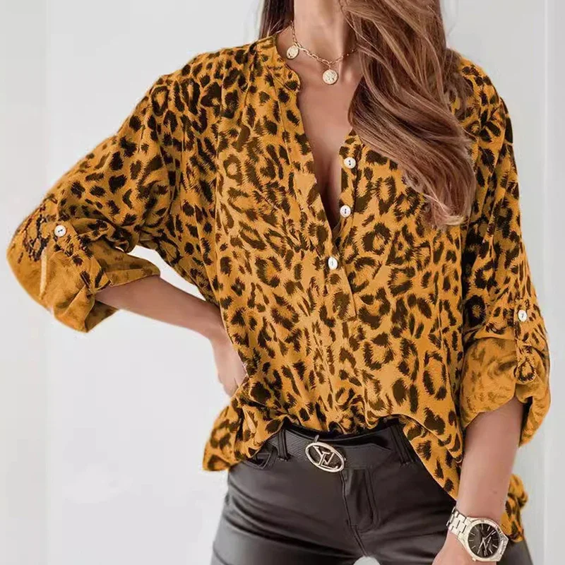 

Новая женская блузка с леопардовым принтом, весна-лето, праздничная стильная повседневная рубашка больших размеров, пуловер, однобортные футболки на пуговицах