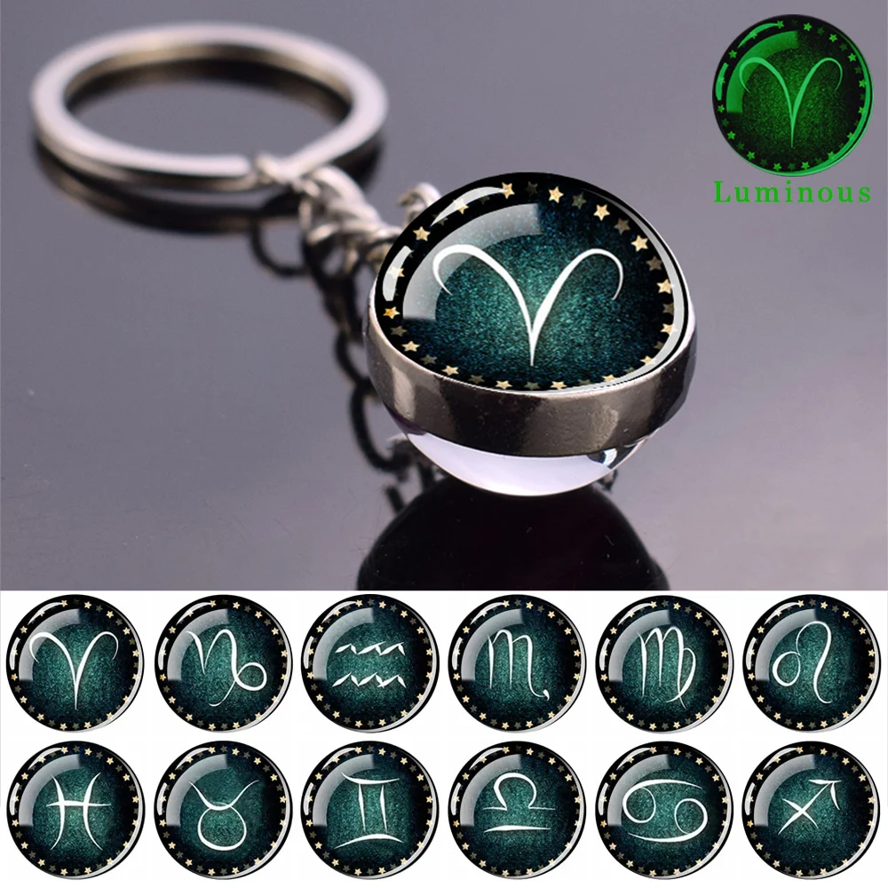 Luminous 12 Constellations Keychains Zodiac Signs Glass Ball Pendant Key Chain Keyring Glow in The Dark Astrology Jewelry Gift