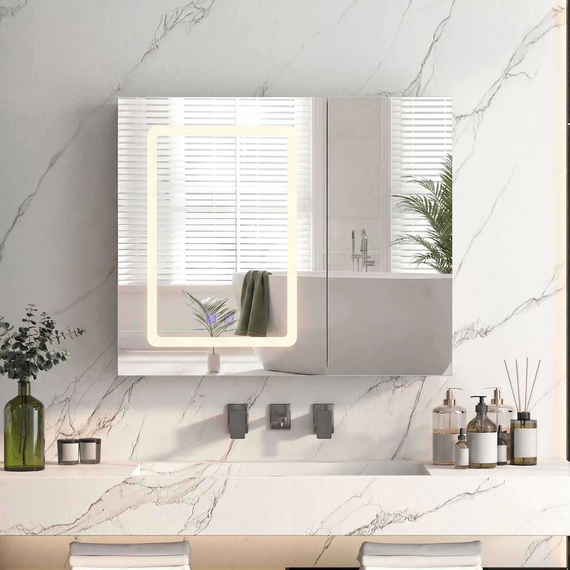 Comanlai 70x60x13,5cm Badezimmerspiegelschrank mit LED-Beleuchtung, 3-Türiger Wandschrank, Montierter Badezimmerschrank, 3-teiliger HD-Spiegel, Verstellbare Regale, Beschlagfreier Spiegelschrank, Weiß