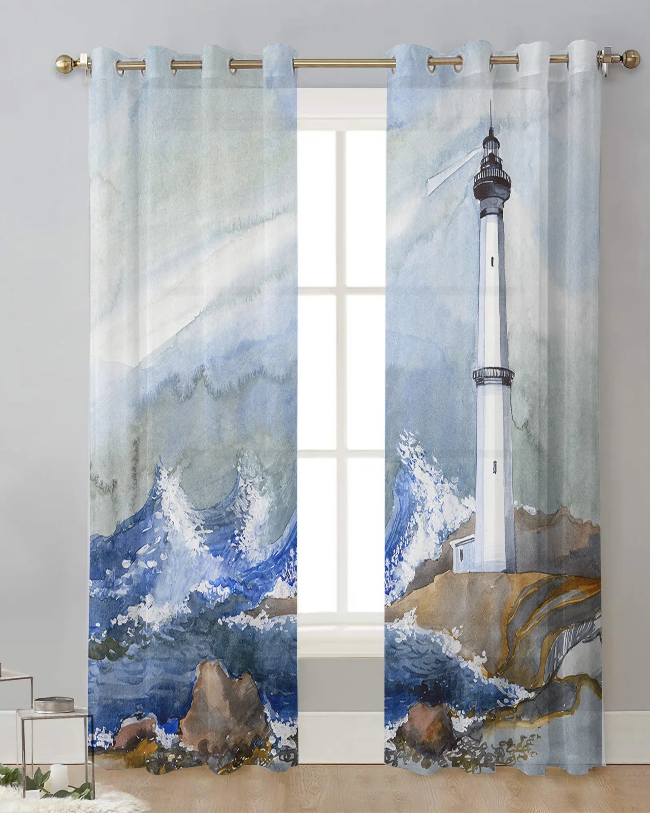 Watercolor Lantern Wave Stone Curtain Tulle Curtains For Living Room Kitchen Window Treatments Voile Curtains