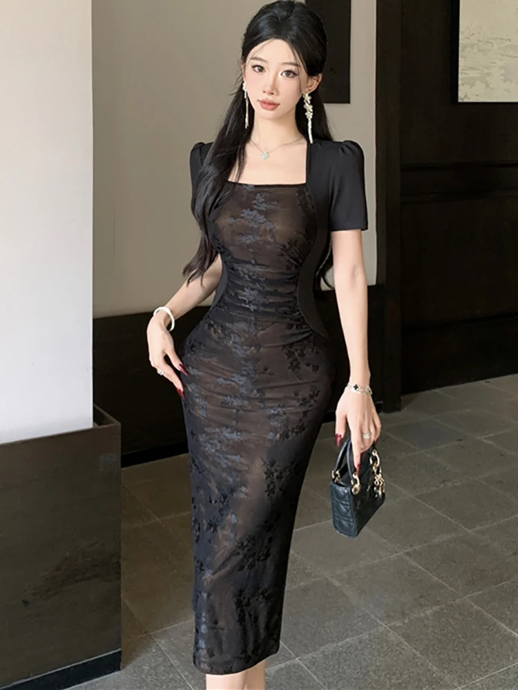 

Spring Black Patchwork Lace Jacquard Midi Dress Women Short Sleeve Square Collar New in Dress 2025 Korean Vintage Hepburn Dress