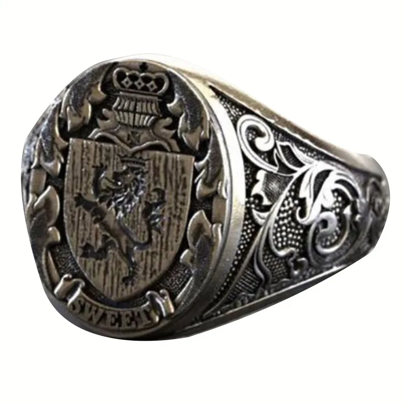 Vintage Lion Crown Shield Embossment Signet Rings for Men Women Retro Silver Color Metal Finger Rings Punk Hip Hop Party Jewelry