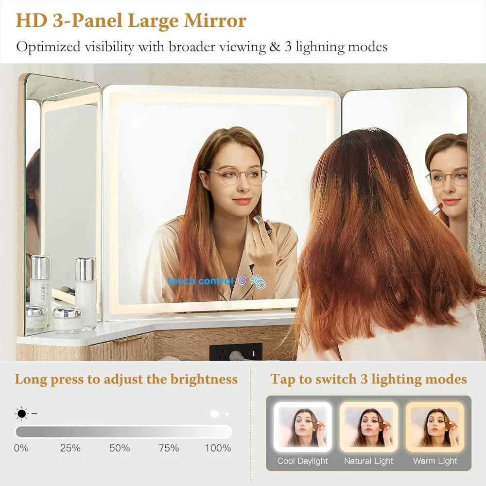 Escritorio de tocador de esquina grande con diseño estriado, triple espejo HD y tapa de cristal para tocador moderno