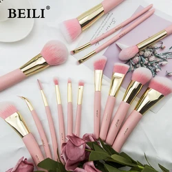 BEILI 15pcs Makeup brushes Professional Synthetic Hair Foundation Blush Eyeshadow Matte pink Handle brochas maquillaje