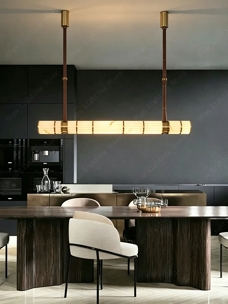 Modern Long LED Pendant Light Fixture for Dining Room, Luxury Imitation Marble Black Chandelier with Leather Strap