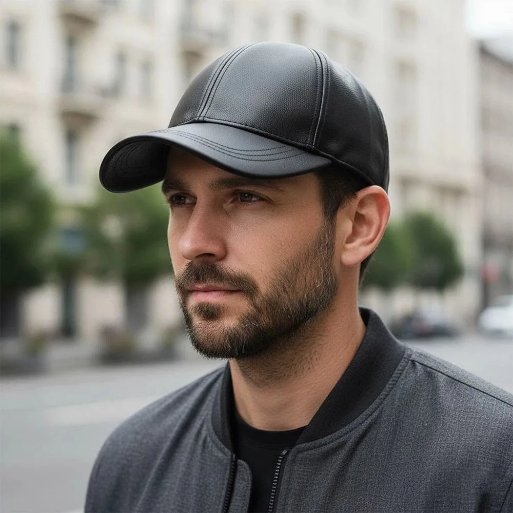 قبعة بيسبول دافئة من جلد البولي يوريثان بلون سادة مقاومة للرياح قبعة ريترو مبطنة بالصوف قبعة رجالية قابلة للتعديل للشتاء