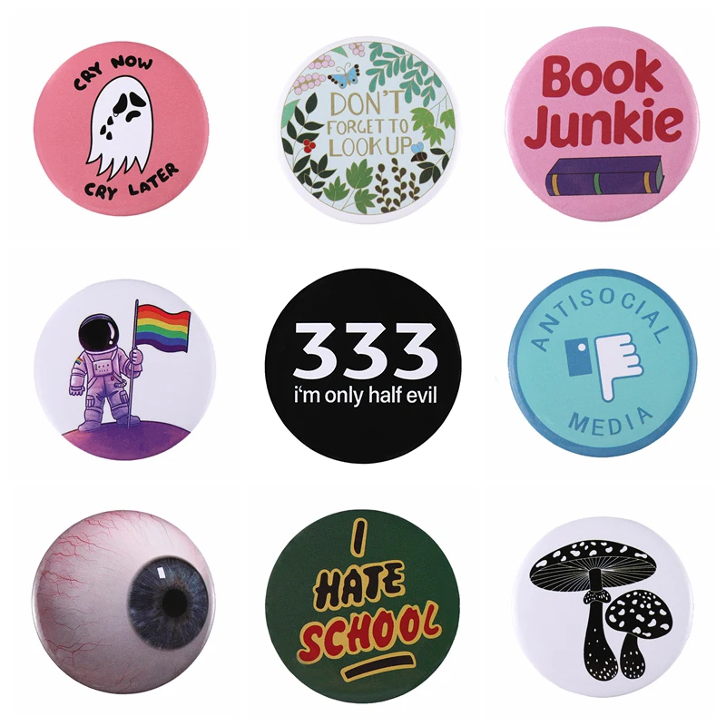 Tinplate Pin Button Custom Fun Written Words Terror Eyeball Hip-Pop Horror Comic Brooches Cartoon Collar Badge Jewelry Gift Fans