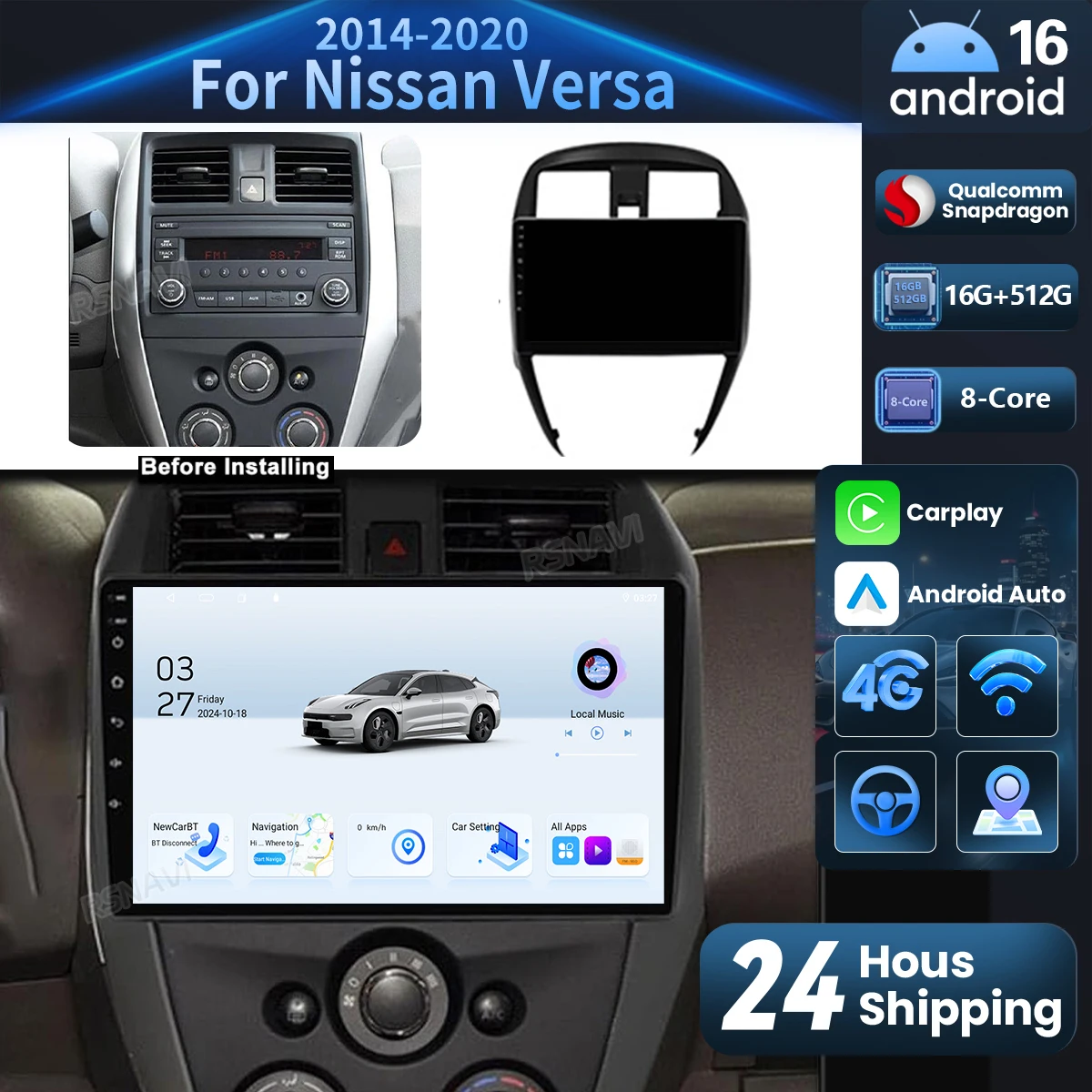 Android 16 Carplay Auto para Nissan Versa 2014-2020, Pantalla QLED Qualcomm 2K, Reproductor de Radio para Auto, GPS, Estéreo, Wifi, BT, 4G, 16G-512G, DSP