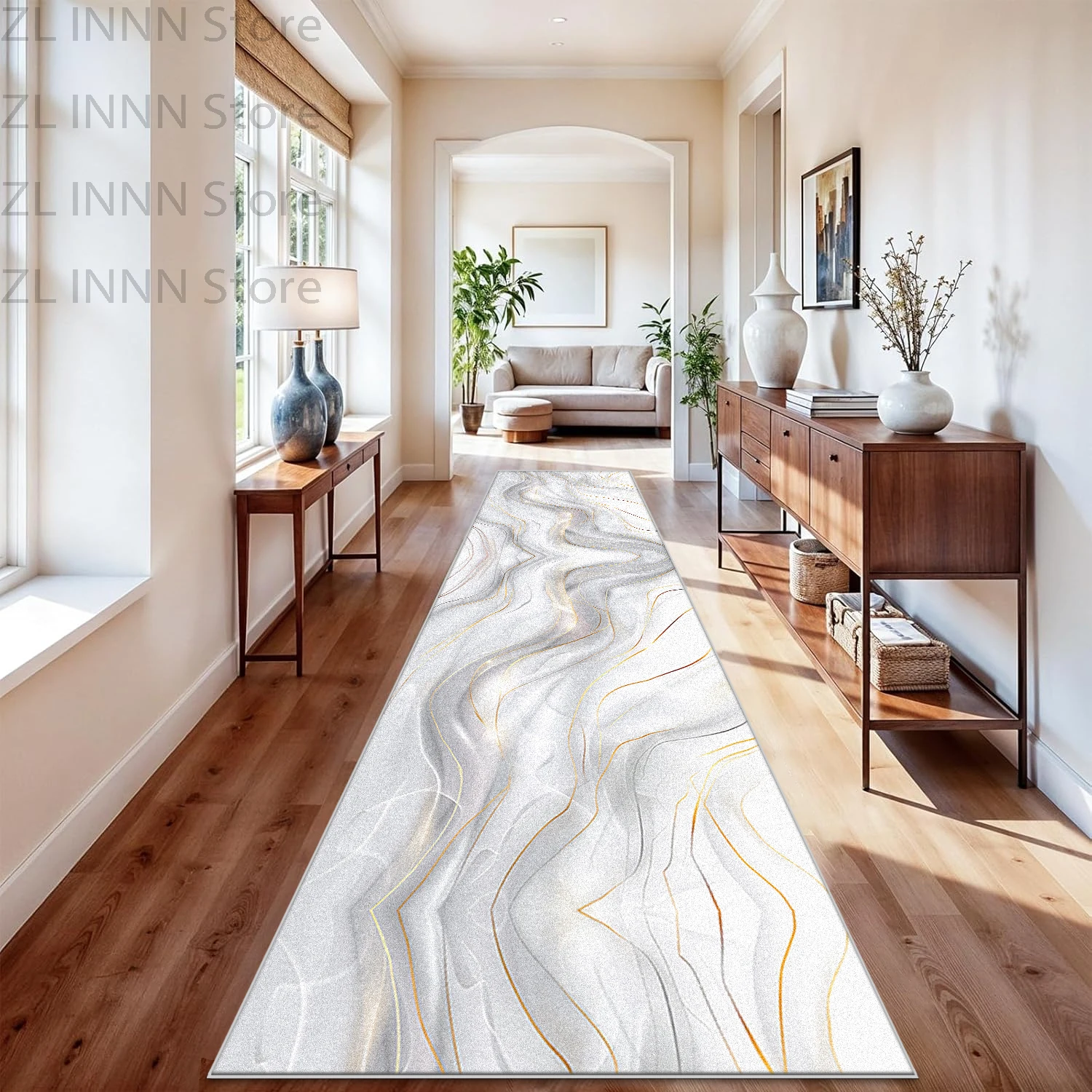 Light Luxury Style Corridor Runner Rug Golden Marble Decoration Non-slip Easy Clean Long Carpets for Living Room Bedroom Mat