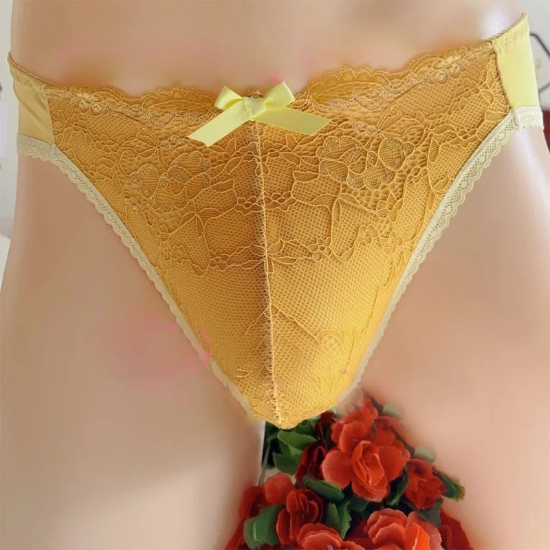 

Man's Yellow Vintage Lace Briefs Bow Panties