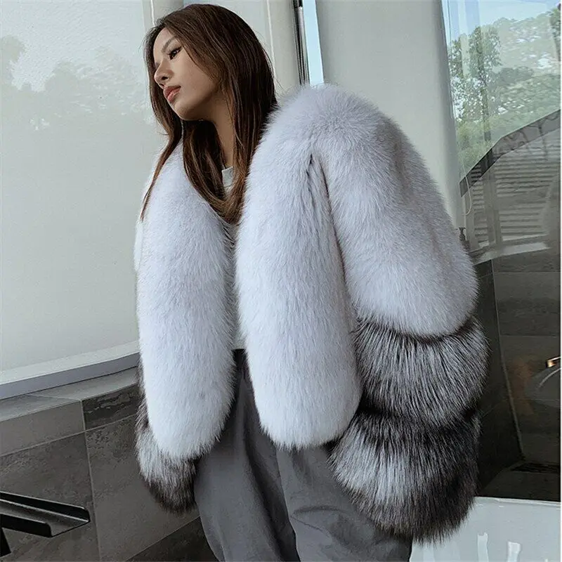 Fashion Women Real Silver Fox Fur Coat Jacket Lady Trendy Luxury Winter Warm Thick Short Outwear