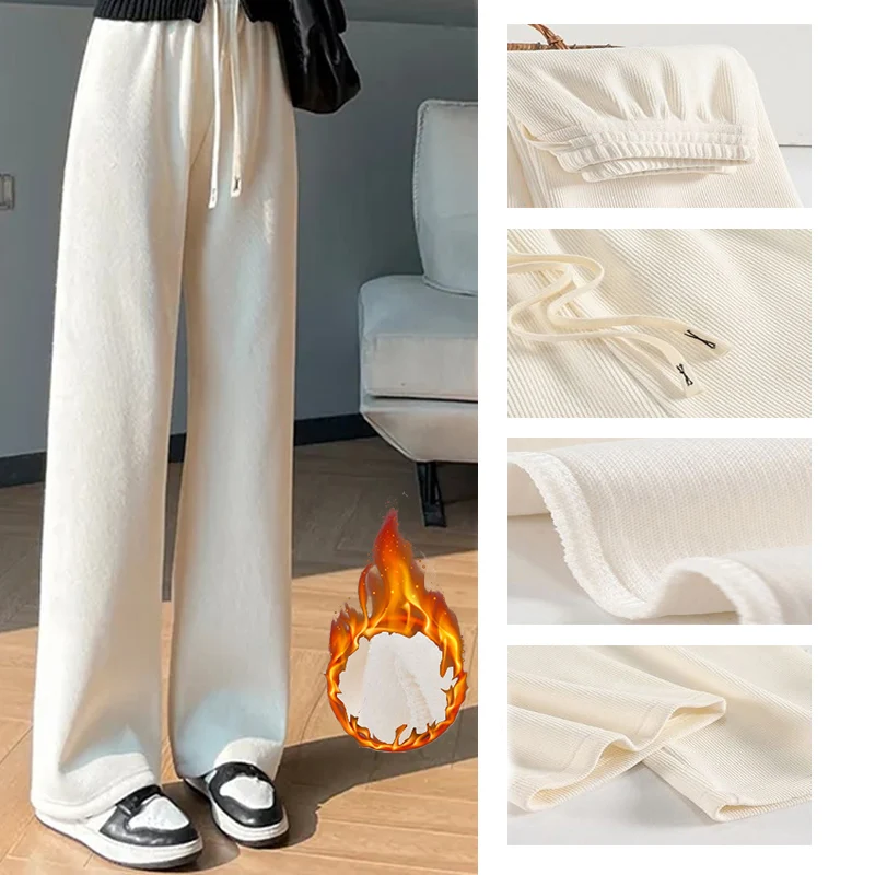 Women Winter Chic Winter Snow Warm Daily High Waisted Long Pants Lady Basic Baggy Straight Leg Wide Leg Plush Thermal Trousers