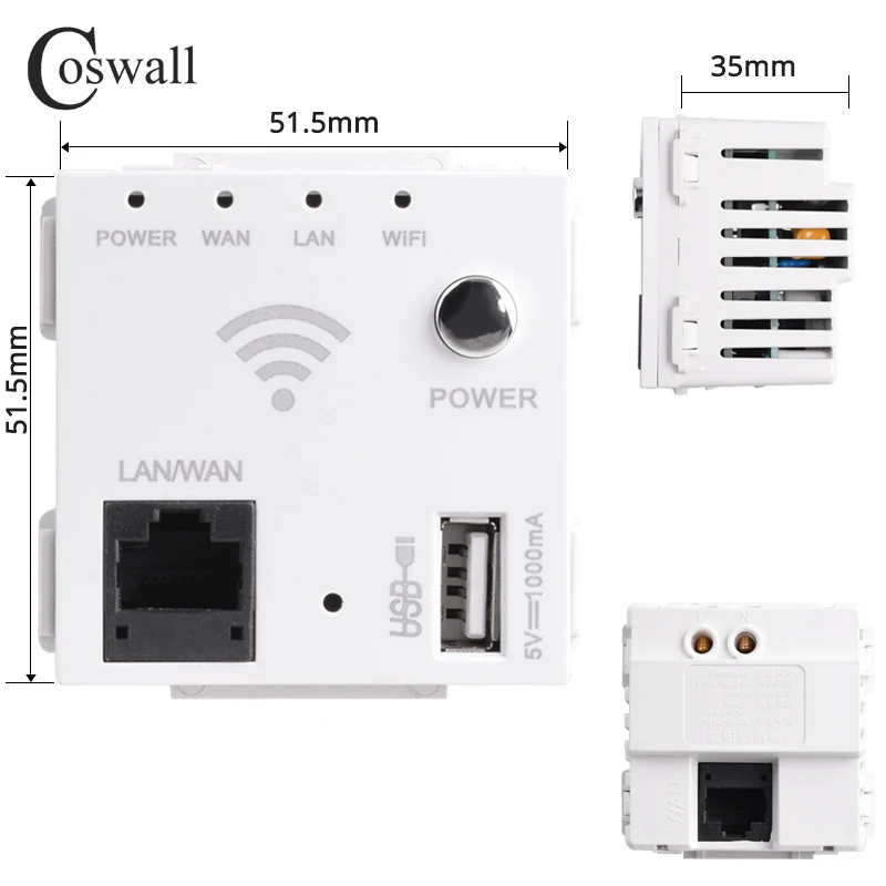 COSWALL E20 C1 Series 51.5*51.5mm 300M Wireless AP Router USB Charging Port 5V 1000mA Output Wall WIFI Routeur Socket Module DIY