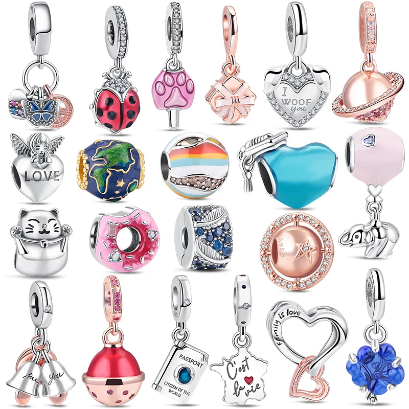 

New 925 Sterling Silver Charm Dangle Beads Ladybug Airplane Passport Bell Fit Original Pendant Bracelet Women Jewelry DIY Gift