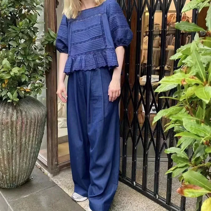 Sezanes 2025 fashion new T-shirt French court style pleated splicing openwork lace bubble sleeve square neck top woman