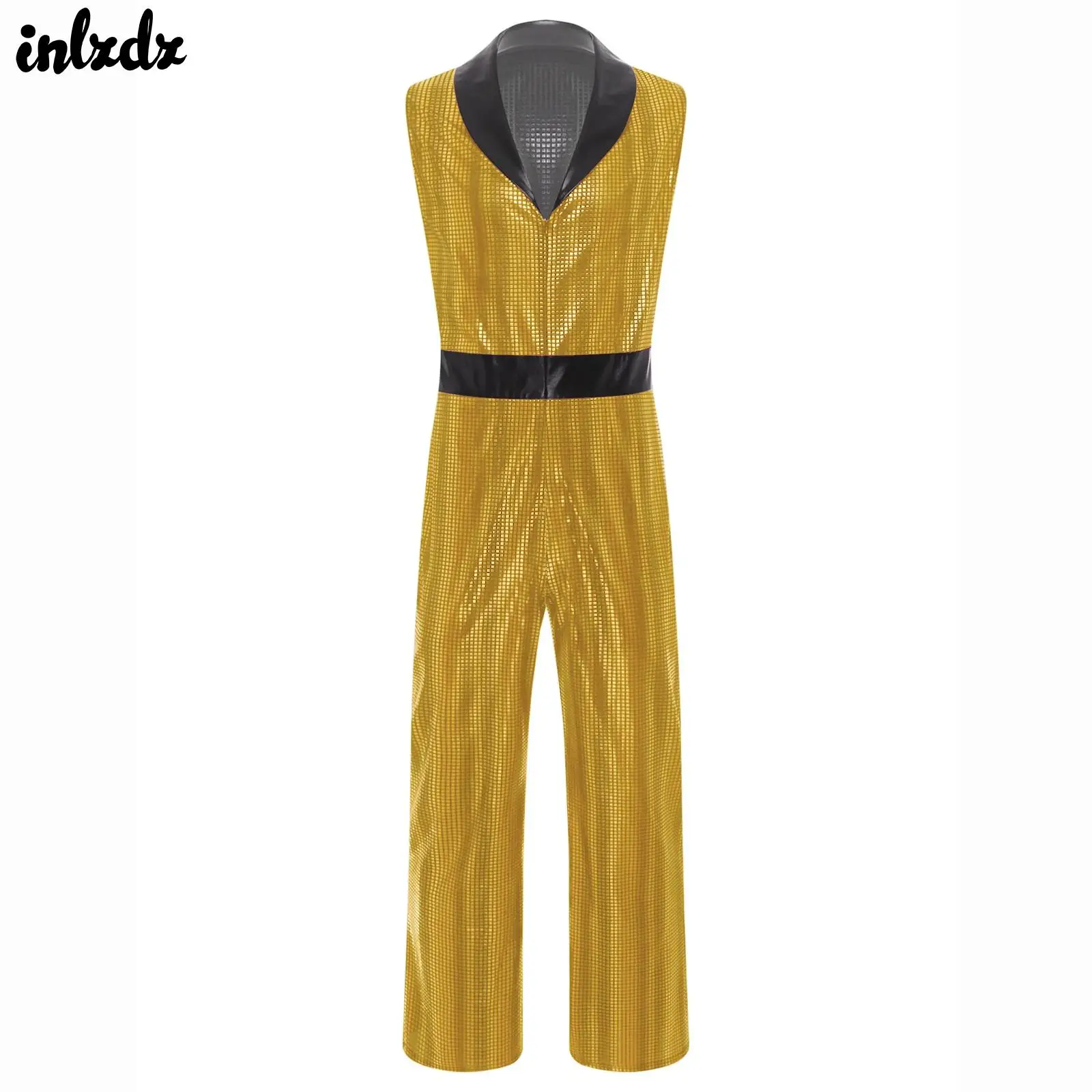 

Men's Set Wide Leg Bodysuit Hippie Bell Bottom Retro 1920s Jazz Disco Dance Jumpsuit Shiny Plaid Romper DJ Rave Party Clubwear