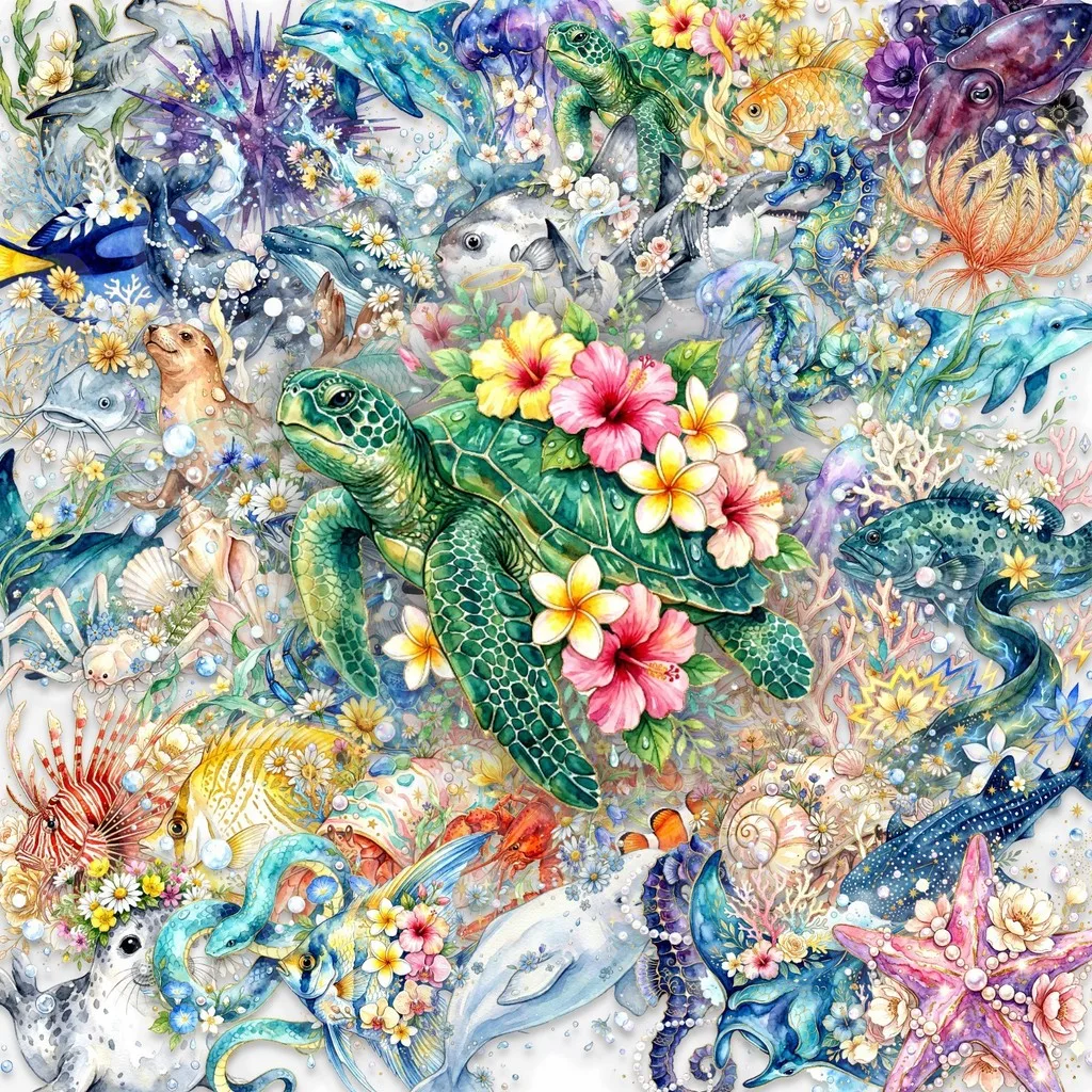 50 autocollants PET transparents et imperméables pour téléphone, motifs floraux et animaux marins (méduse, poisson), pour DIY et décoration de coques de téléphone - Collection Story Store