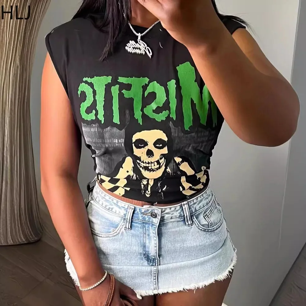 

HLJ Summer Y2K Pattern Letter Print Trend Tank Tops Women O Neck Sleeveless Slim Tank Tshirt Fashion Female High Street Clothing