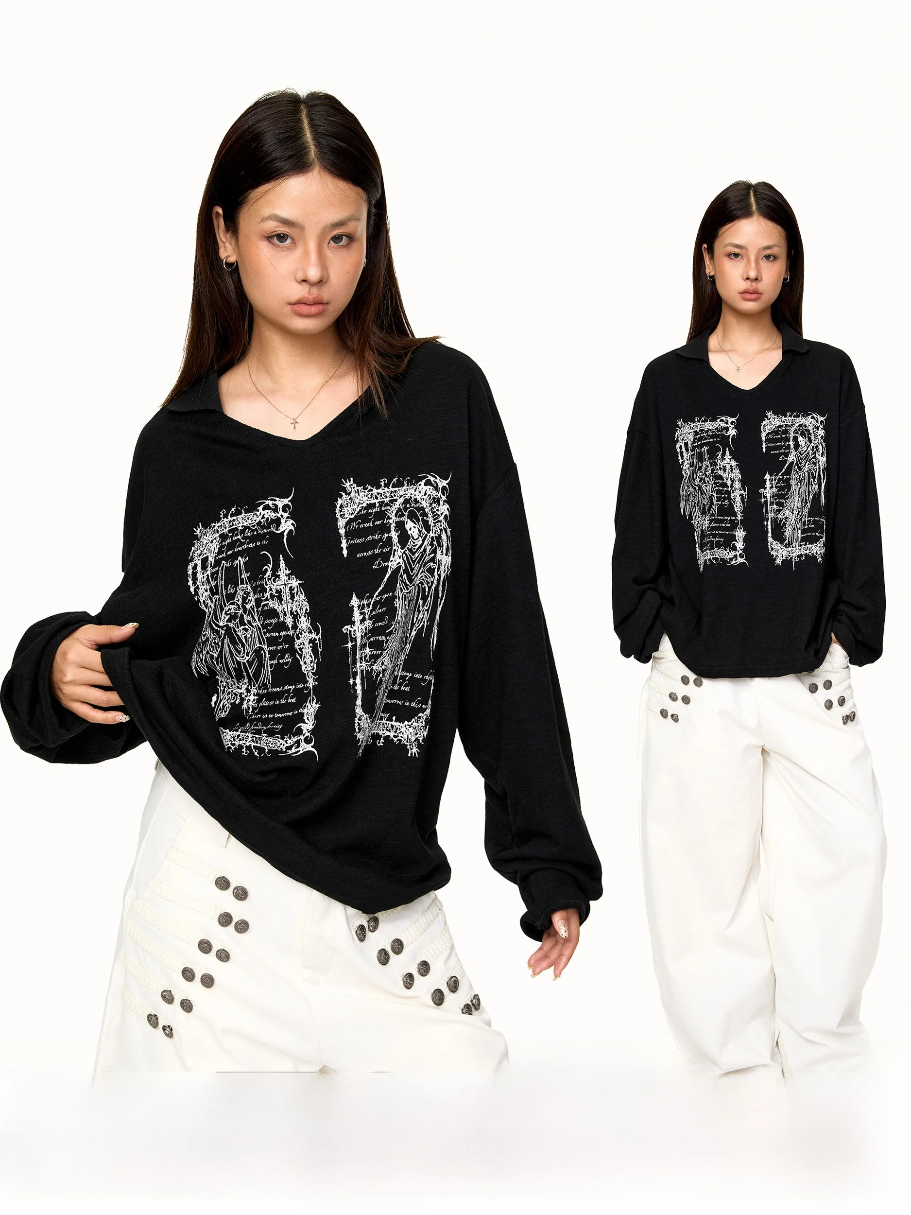 Black Death Angel Rune Print Knitted Long Sleeve T-Shirt Unisex Loose V-Neck  Top Cotton Polyester Blend Moisture Wicking