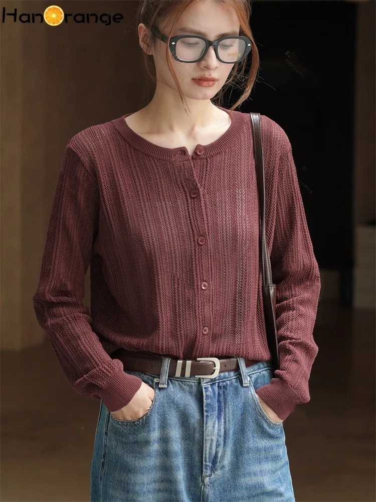 HanOrange 2024 Spring Vintage Short Knitted Cardigan Women Long Sleeve Knitting Shirt Top Turquoise Green/Deep Coffee