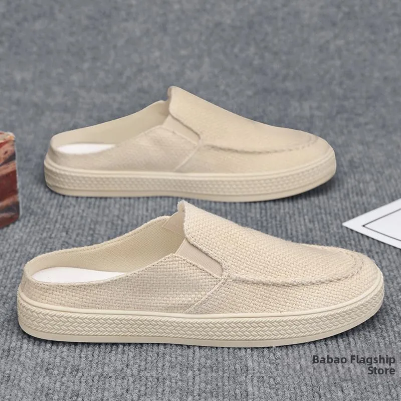 

Men's Canvas Shoes Summer Breathable Thin Slip-On Casual Half Slippers Linen Trendy Shoes Low Cut Rubber Sole Flat Heel ...
