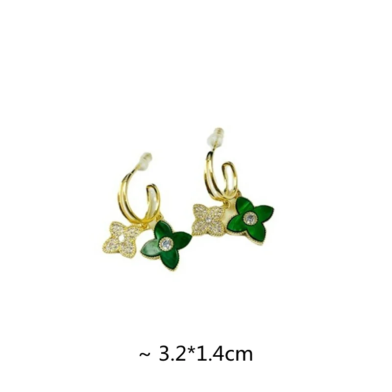 Trendy Rhinestone Four Petal Flower Earring For Women Fashion Crystal Green Plant Dangle Earrings Luxury Female Jewelry Gifts
