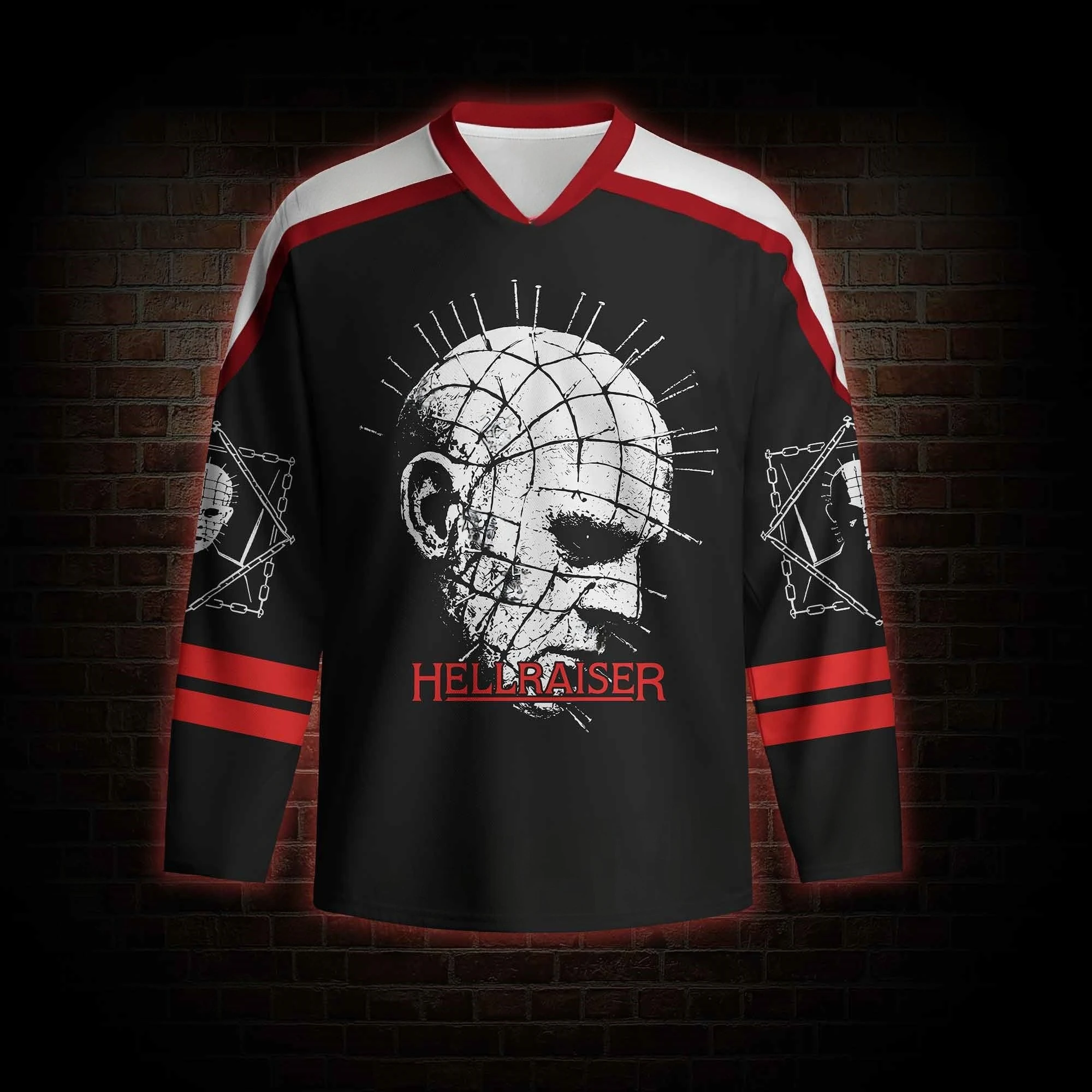2026 Vintage Horror Skull Long Sleeve Hockey Jersey, V Neck Dark Goth Streetwear Top, Retro Halloween Monster Party Outfit