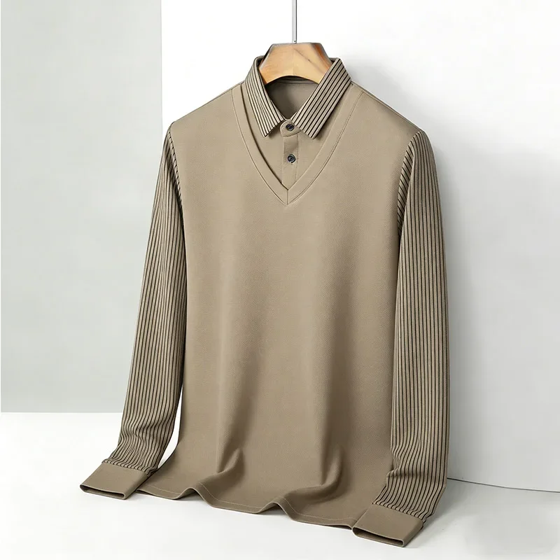 Men's Fake Two Piece Shirt Collar V Neck Long Sleeve Top Khaki Striped Casual Fashion Soft Fabric Daily Wear Blouse